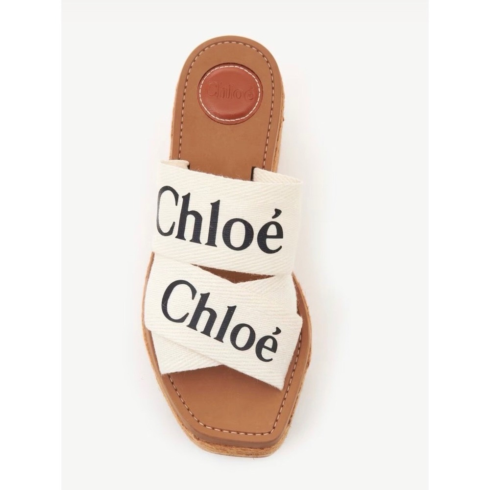 CHLOÉ Woody Logo Platform Slide Sandals Womens EU 39 Ivory Canvas Espadrille